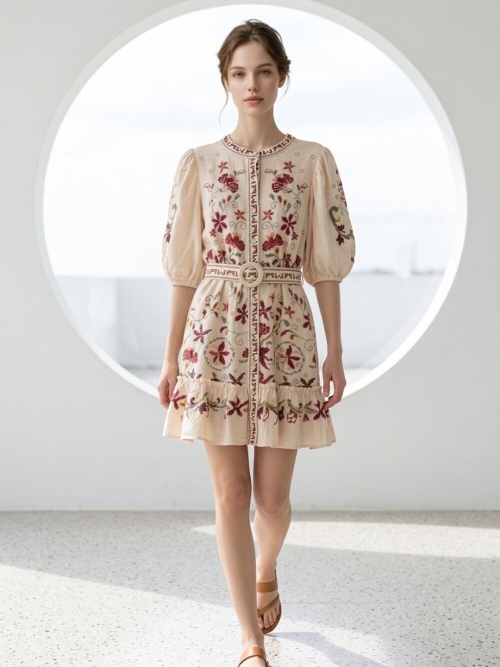 NWT Caroline Constas Floral Embroidered Linen Blend Dress Size M